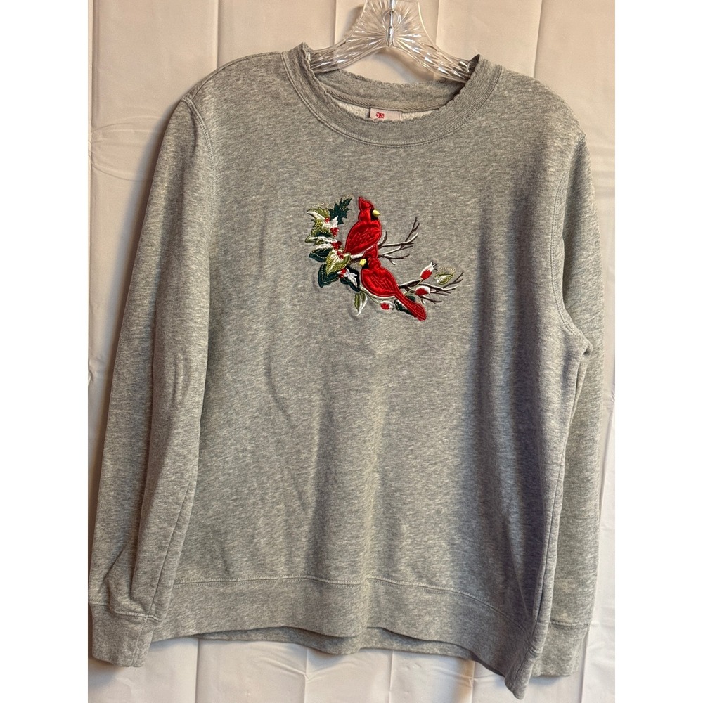 Holiday Editions Gray‎ Cardinal Bird Embroidered Sweatshirt Crew Neck Women L/G